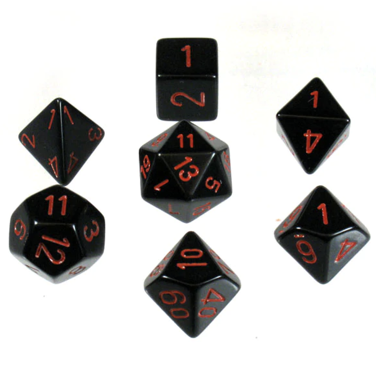 Chessex 7 dés polyédriques opaques noir avec chiffres rouges