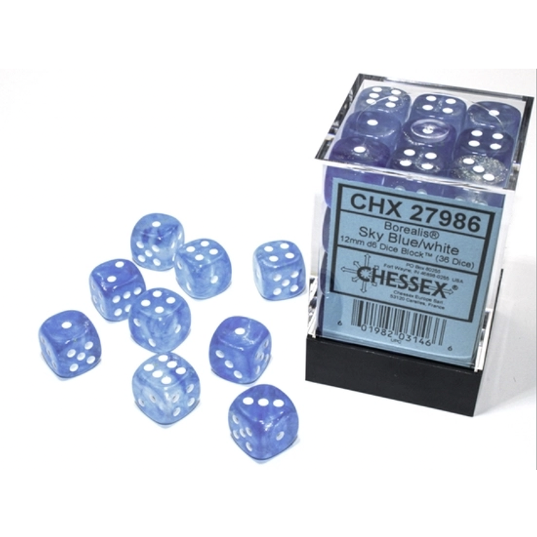 Chessex 36 dés 6 12mm Borealis Luminary - Bleu Ciel avec picots blancs