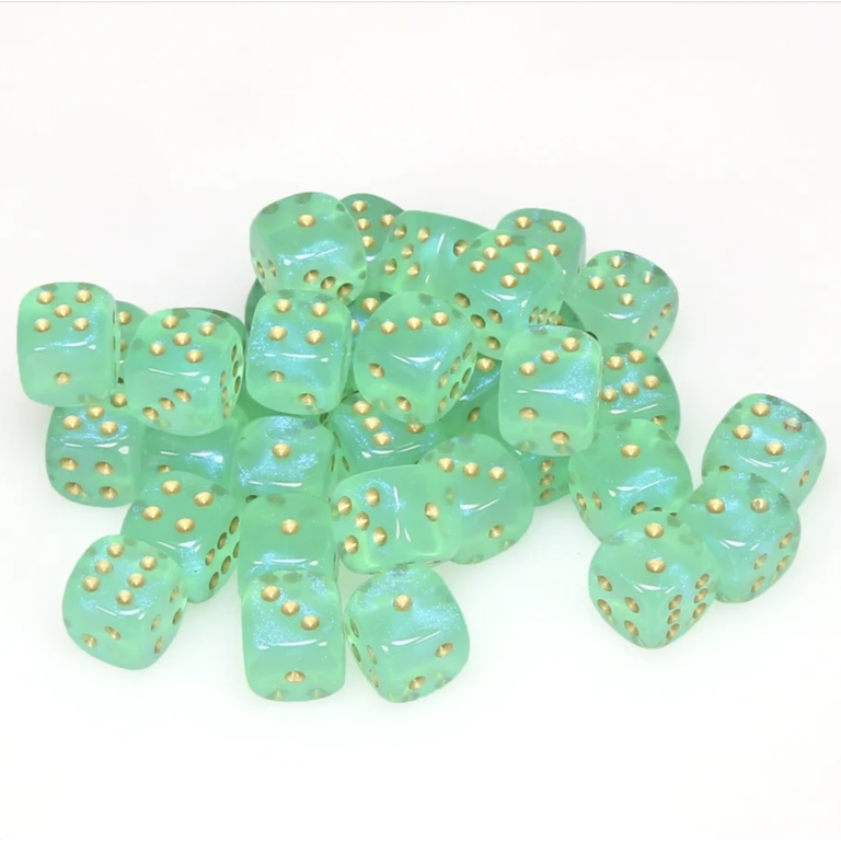 Chessex 36 dés 6 12mm Borealis Luminary - Vert pâle avec picots dorés