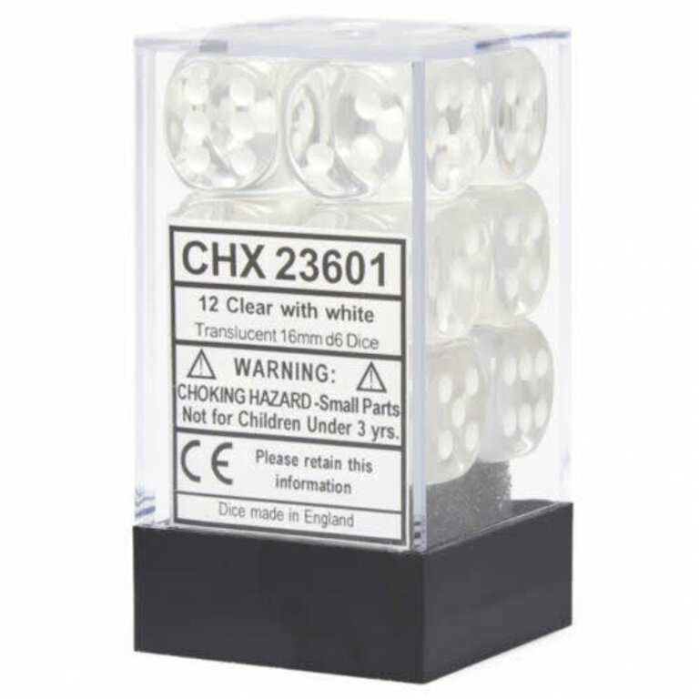 Chessex 12 dés 6 16mm transparents clair avec points blancs