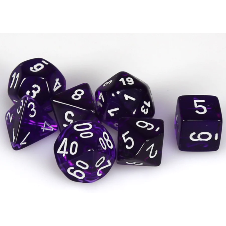 Chessex 7 dés polyédriques transparents violet avec chiffres blancs