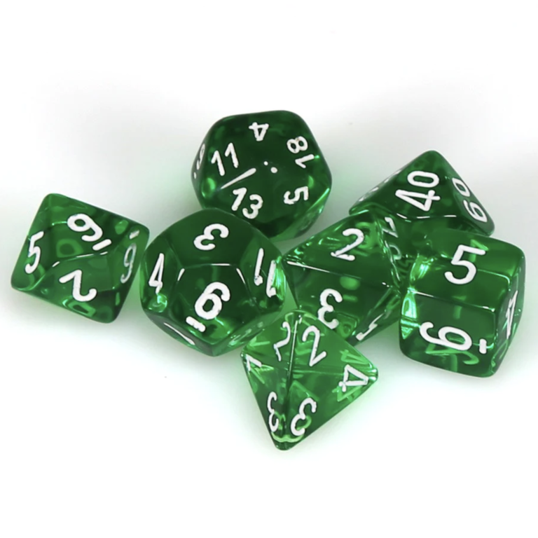 Chessex 7 dés polyédriques transparents vert avec chiffres blancs