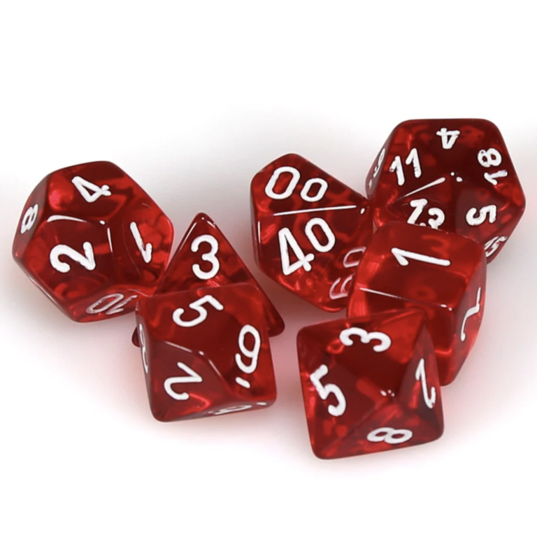 Chessex 7 dés polyédriques transparents rouge avec chiffres blancs