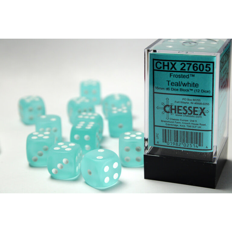 Chessex 12 dés 6 16mm Givré - Sarcelle avec points blancs