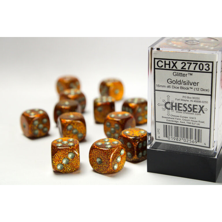 Chessex 12 dés 6 16mm Pailleté - Or avec points argent