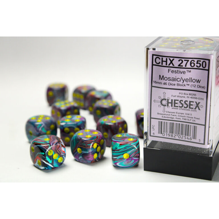 Chessex 12 dés 6 16mm Festive - Mosaïque avec points jaunes
