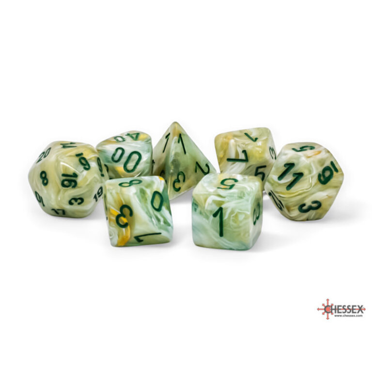 Chessex 7 dés polyédriques marbrés verts avec chiffres vert foncé - Méga-Hedral