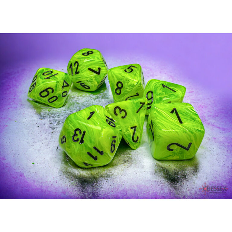 Chessex 7 dés polyédriques Vortex Vert Pétant avec chiffres noirs - Méga-Hedral