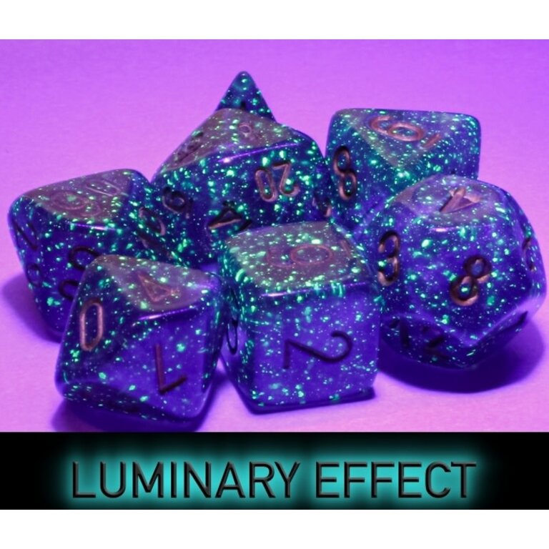 Chessex 7 dés polyédriques Borealis Luminary - Violet Royal avec chiffres dorés - Méga-Hedral