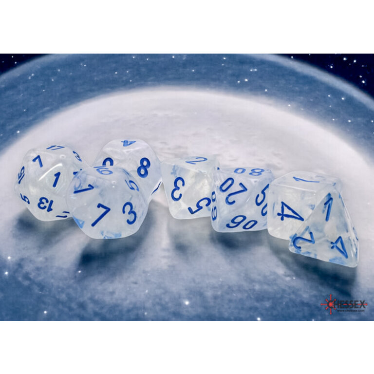 Chessex 7 dés polyédriques Borealis Luminary - Glaçons avec chiffres bleus - Méga-Hedral