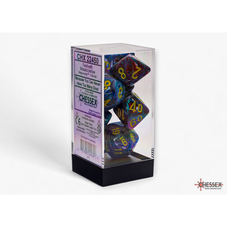 Chessex 7 dés polyédriques Festive - Mosaïque avec chiffres jaunes - Méga-Hedral