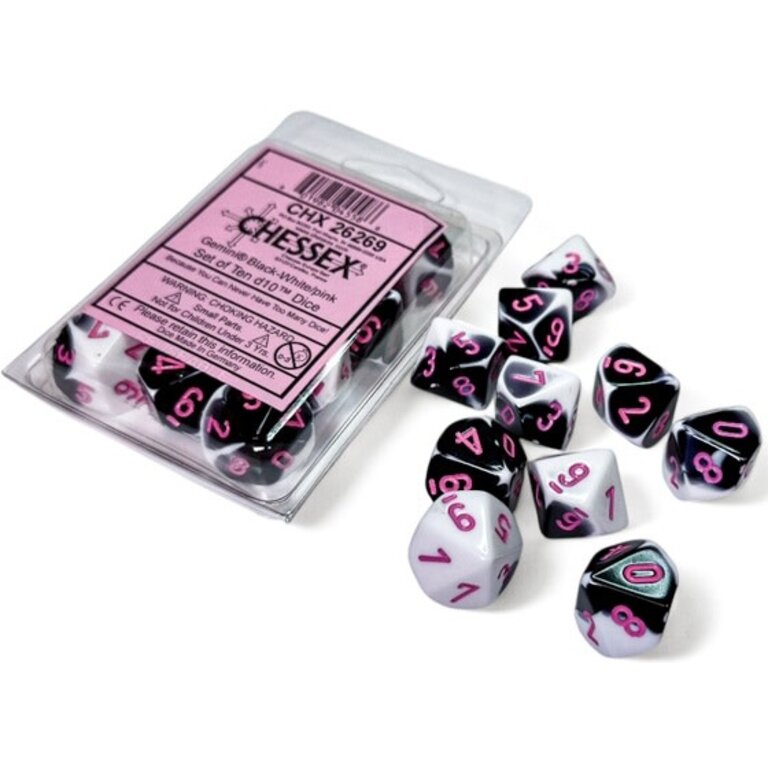 Chessex 10 dés 10 Gemini noirs/blancs avec chiffres roses