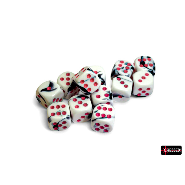 Chessex 12 dés 6 16mm Gemini noirs/blancs avec points roses