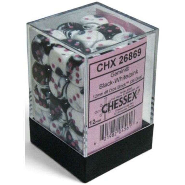 Chessex 36 dés 6 12mm Gemini noirs/blancs avec points roses