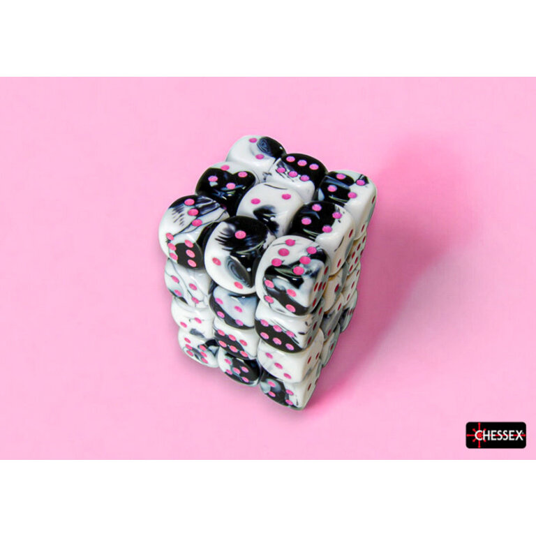 Chessex 36 dés 6 12mm Gemini noirs/blancs avec points roses