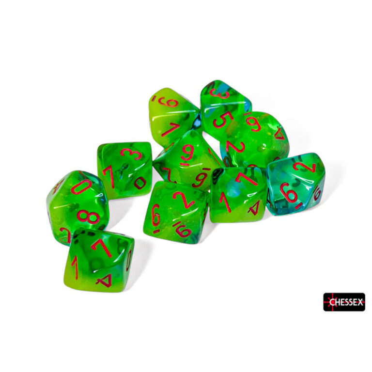 Chessex 10 dés 10 Gemini Luminary verts plasma/turquoises avec chiffres orange