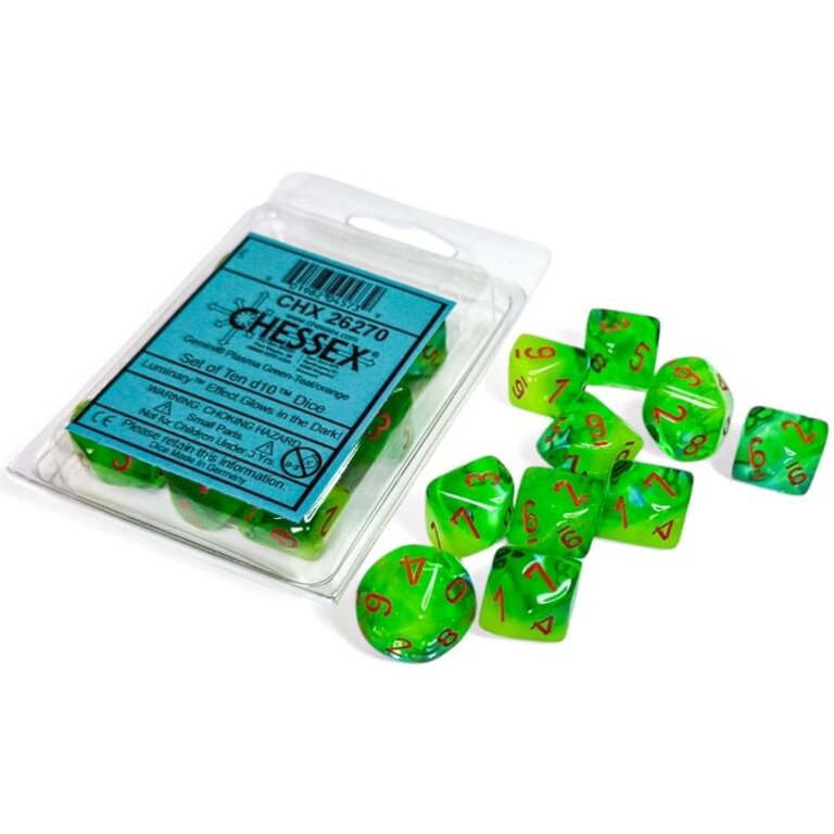 Chessex 10 dés 10 Gemini Luminary verts plasma/turquoises avec chiffres orange