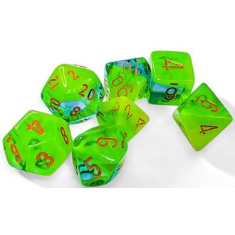Chessex 7 dés polyédriques Gemini verts plasma/turquoises avec chiffres orange