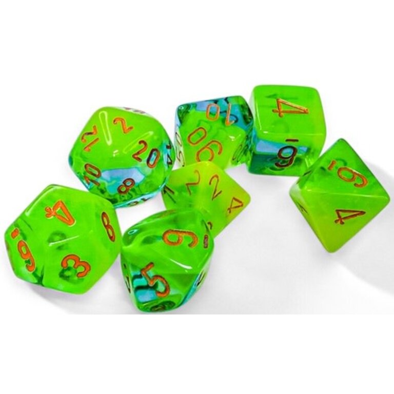 Chessex 7 dés polyédriques Gemini verts plasma/turquoises avec chiffres orange