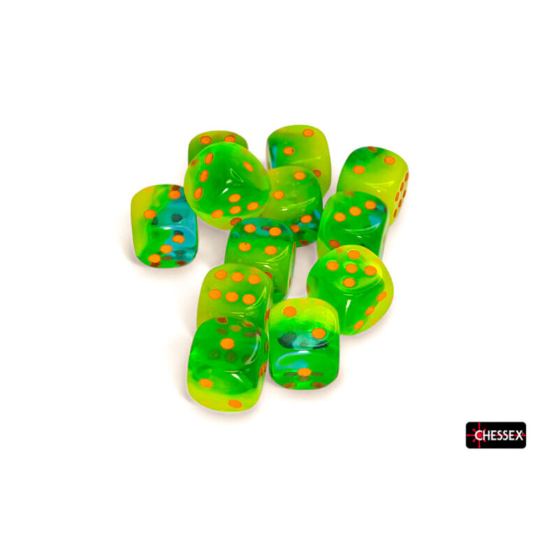 Chessex 12 dés 6 16mm Gemini verts plasma/turquoises avec points orange