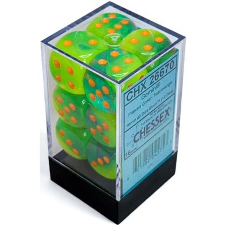 Chessex 12 dés 6 16mm Gemini verts plasma/turquoises avec points orange