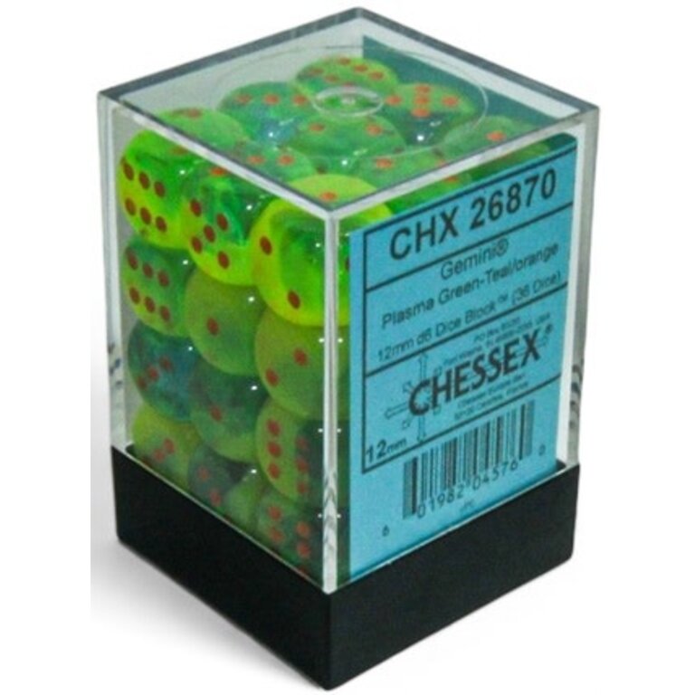 Chessex 36 dés 6 12mm Gemini verts plasma/turquoises avec points orange