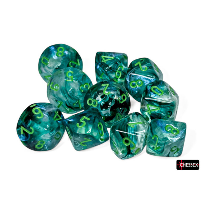 Chessex 10 dés 10 Borealis Luminary kelp avec chiffres verts pâles