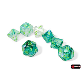 Chessex 7 dés polyédriques Borealis Luminary kelp avec chiffres verts pâles