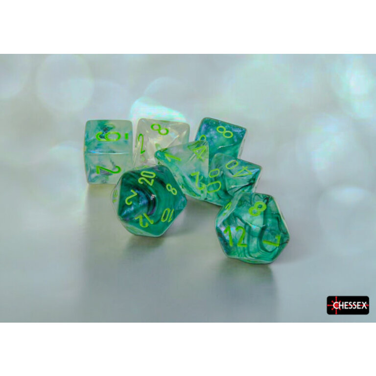 Chessex 7 dés polyédriques Borealis Luminary kelp avec chiffres verts pâles