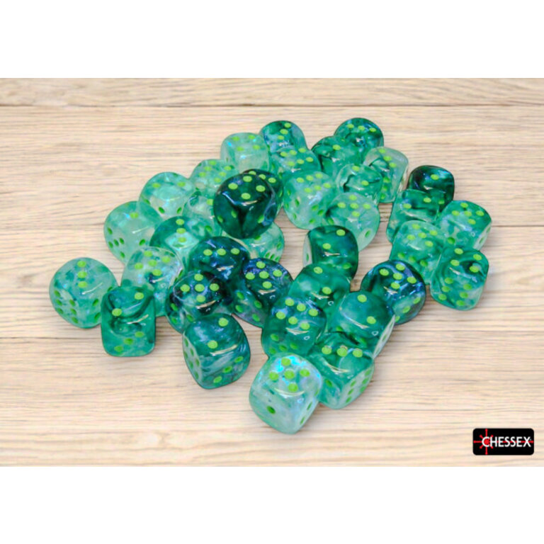 Chessex 36 dés 6 12mm Borealis Luminary kelp avec points verts pâles