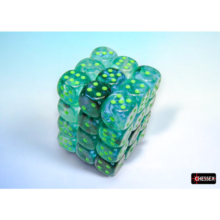 Chessex 36 dés 6 12mm Borealis Luminary kelp avec points verts pâles