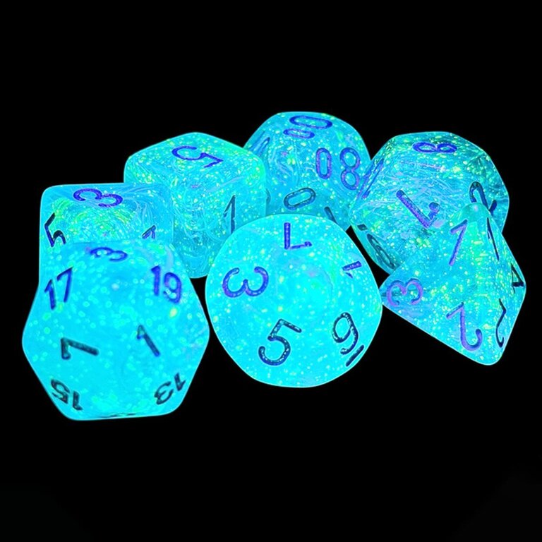 Chessex 7 dés polyédriques Luminary - Sky avec chiffres argentés - Méga-Hedral