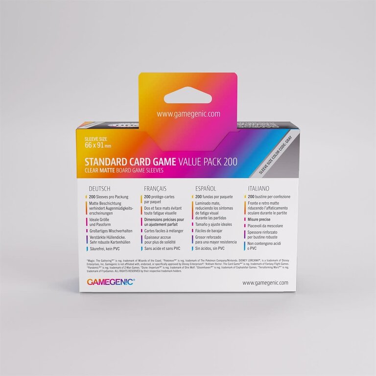 Gamegenic (Gamegenic) Matte Value Pack Standard Sleeves - 200 Unités - 66mm x 91mm