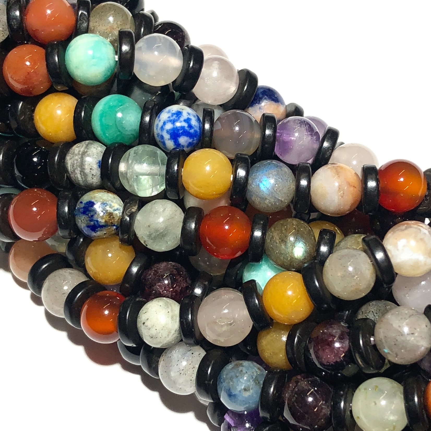 GEMSTONE Asst'd w/Black Agate Spacer 6mm Rnd