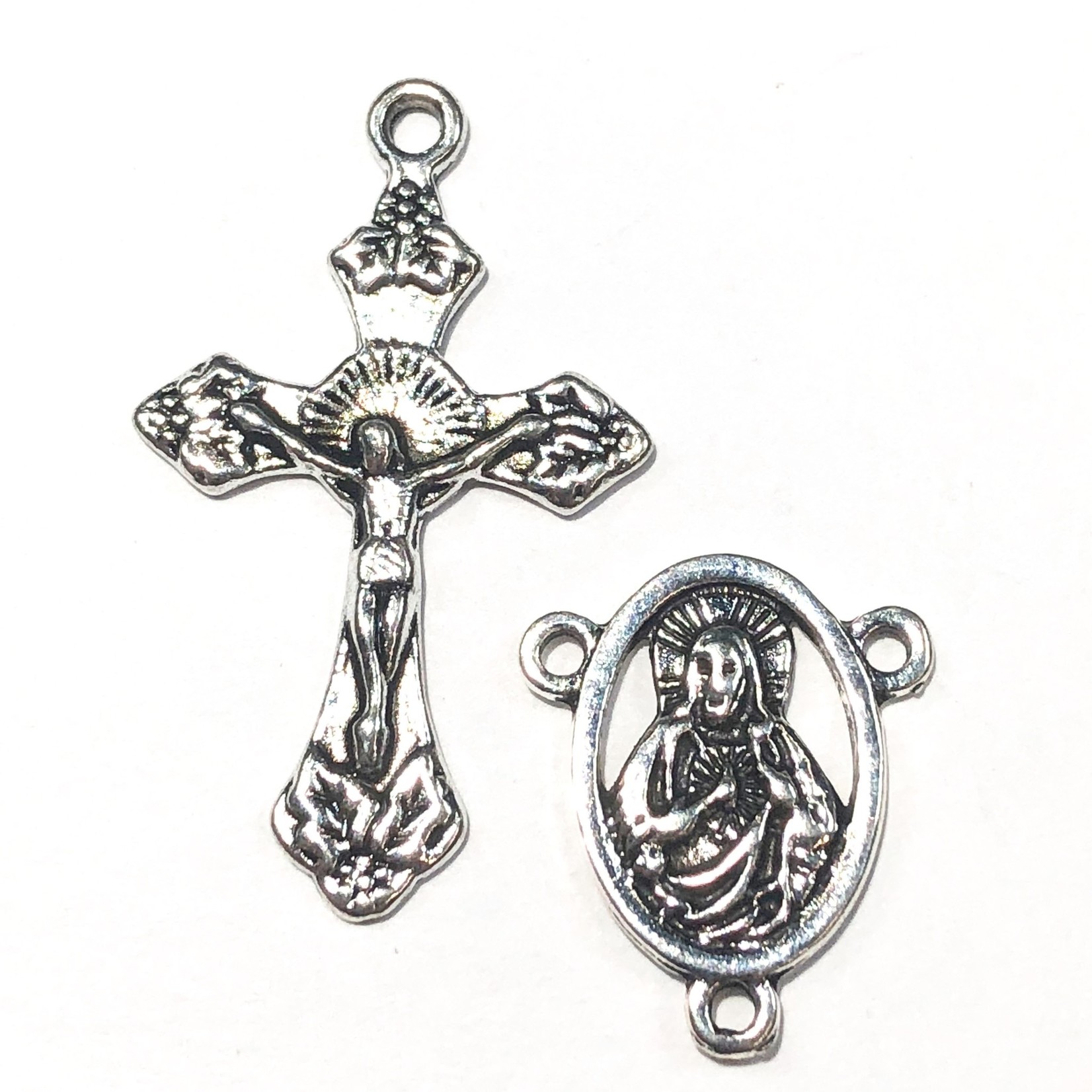 Antique Silver Rosary Cross & Centre Set 4
