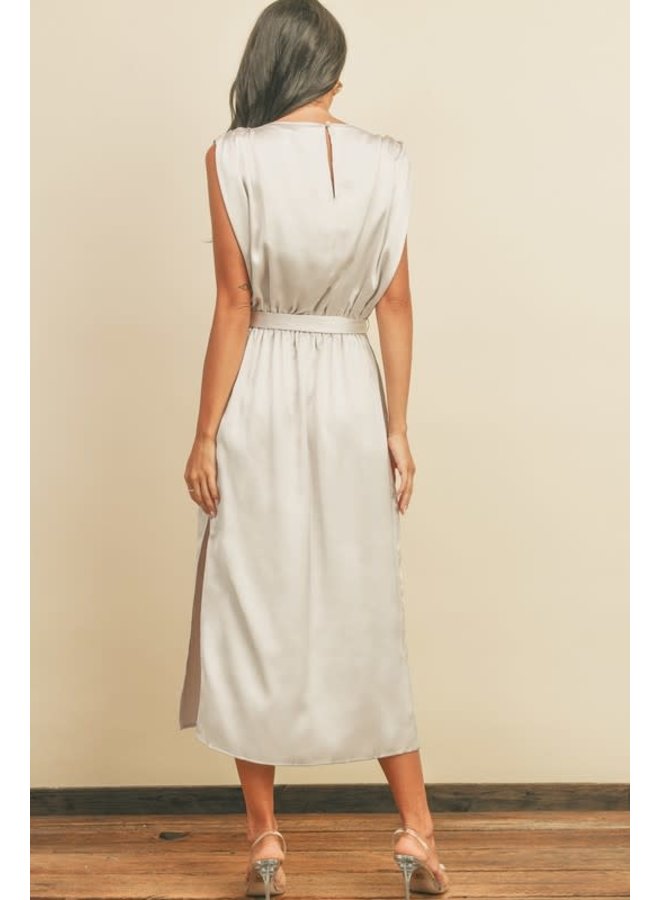 SATIN MIDI DRESS WITH GATHERED WAIST - Cava