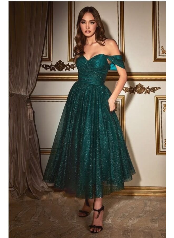 Off shoulder glitter tea length dress - Size 8