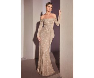 Off Shoulder Long Sleeve Full Length Sequin Dress Carolina Soma