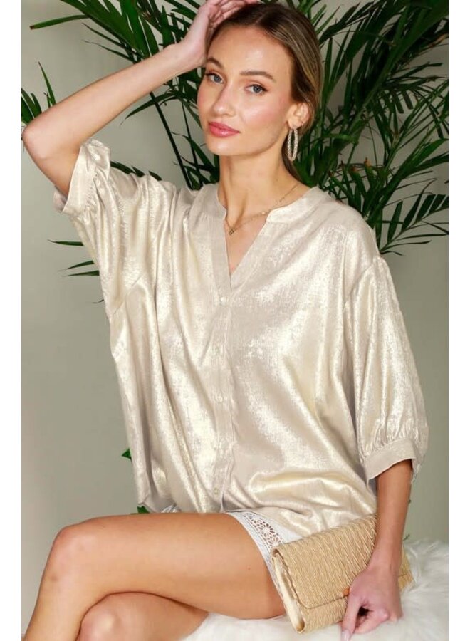 V-neck puff short sleeve metallic blouse