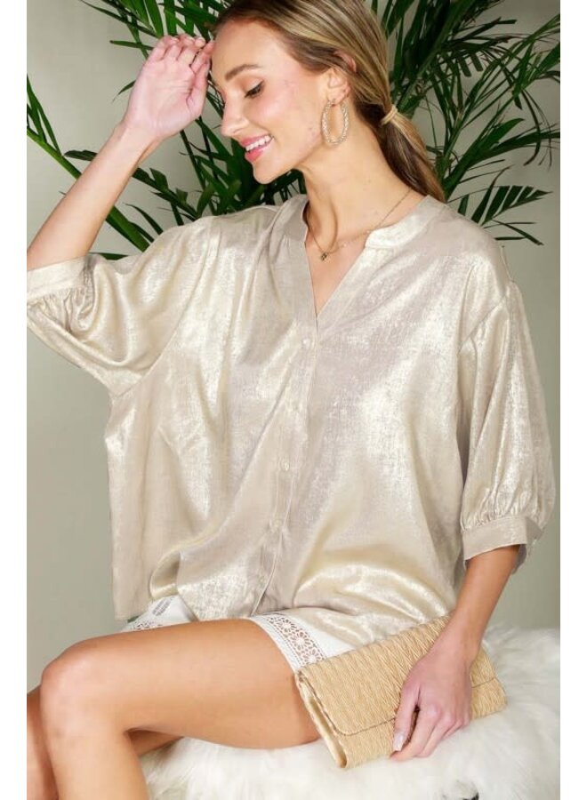 V-neck puff short sleeve metallic blouse