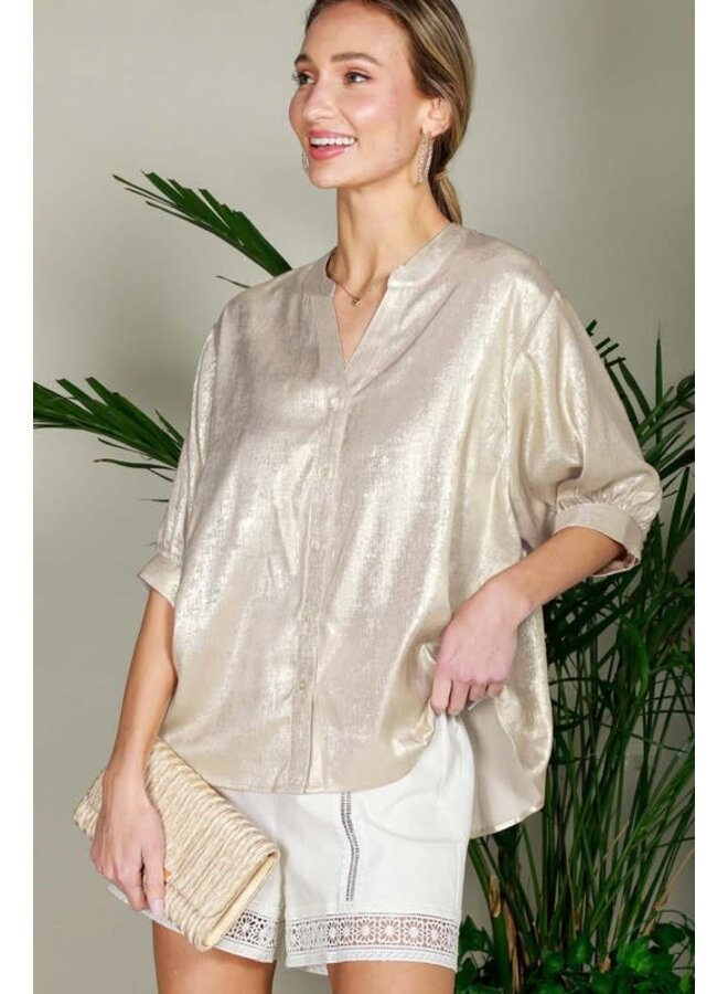 V-neck puff short sleeve metallic blouse