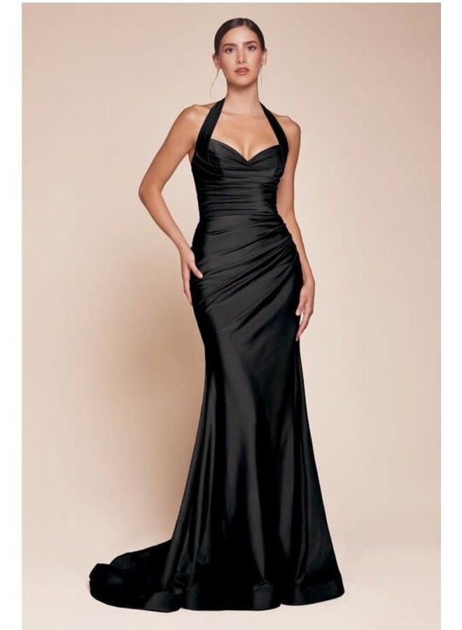 Stretch Satin Halter Fitted Dress
