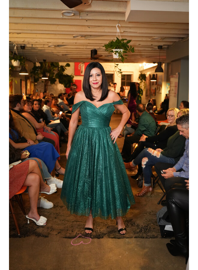 Off shoulder glitter tea length dress - Size 8