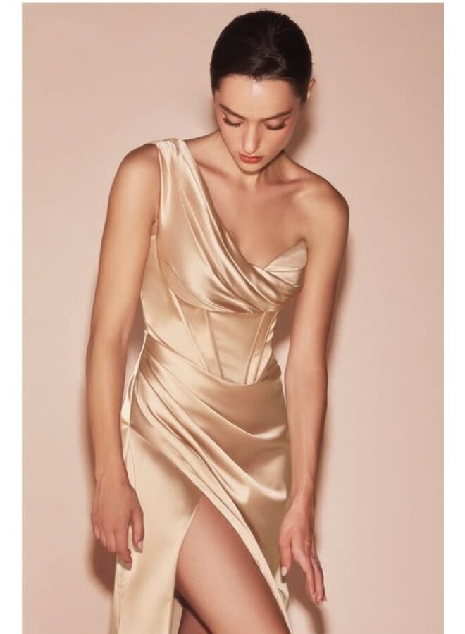 One shoulder satin corset gown - Champagne