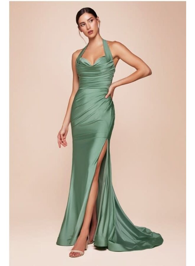 Stretch Satin Halter Fitted Dress