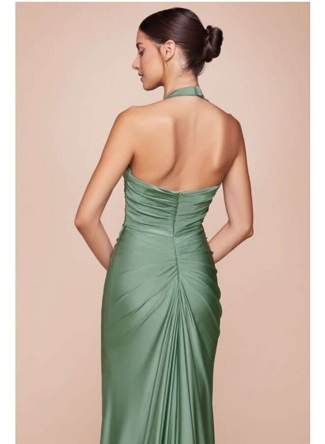 Stretch Satin Halter Fitted Dress