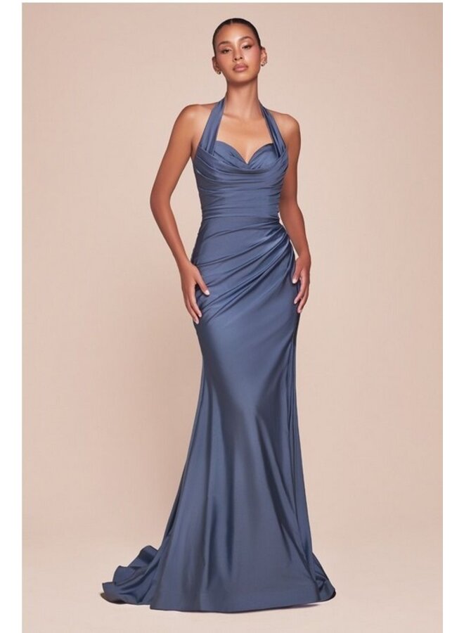 Stretch Satin Halter Fitted Dress