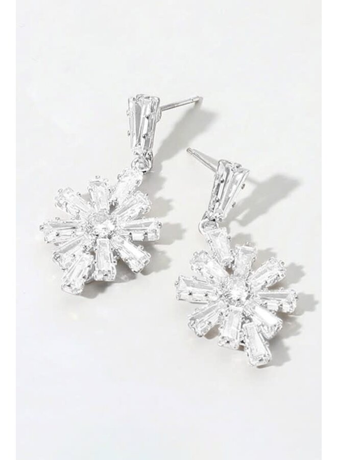 Flower CZ stone cluster dangle earrings - silver