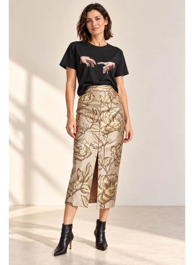 Gold Brocade Knee Length Pencil Skirt - Size 6