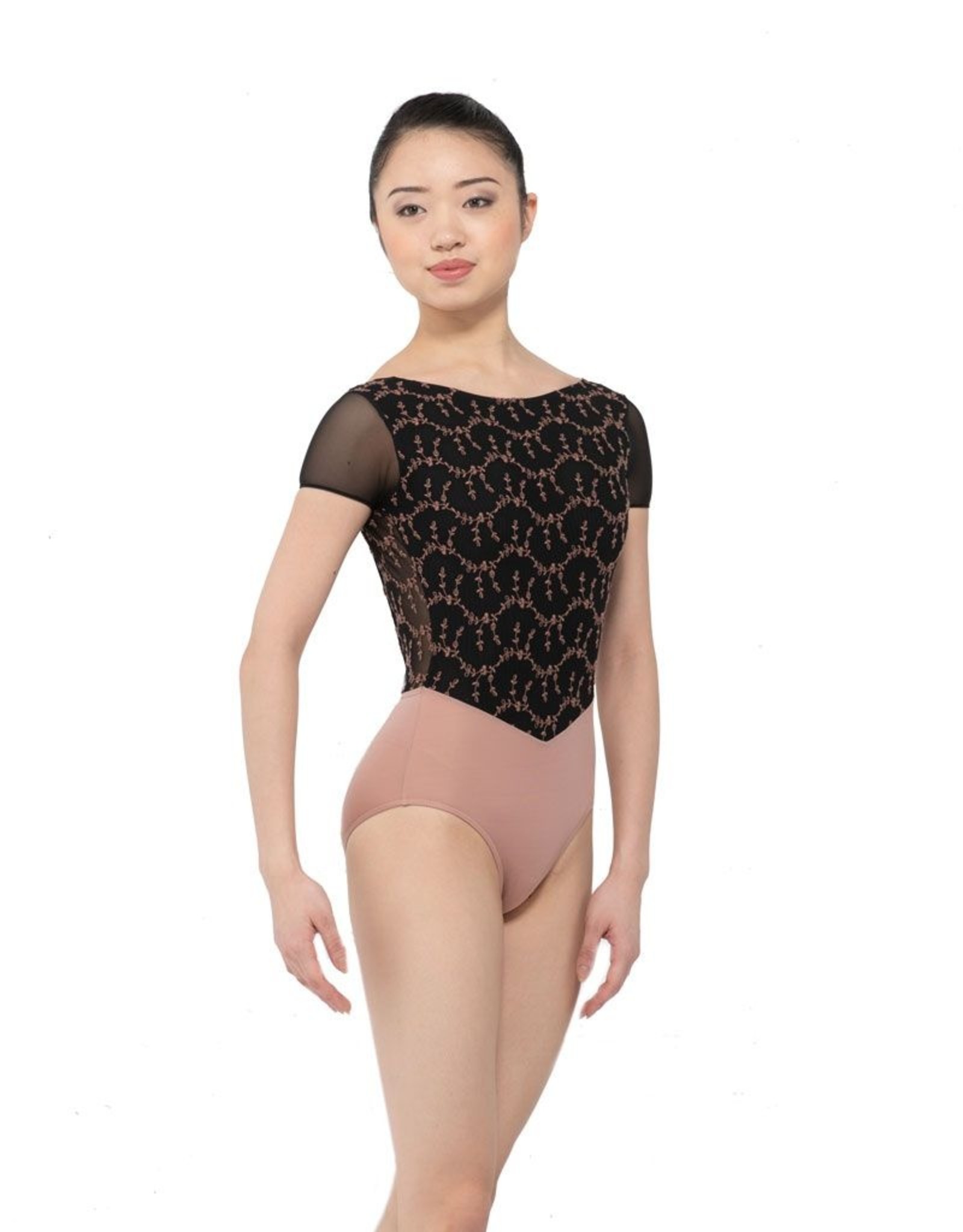 BALLET ROSA CORALIE SHORT SLEEVE LEOTARD WITH EMBROIDERED MESH